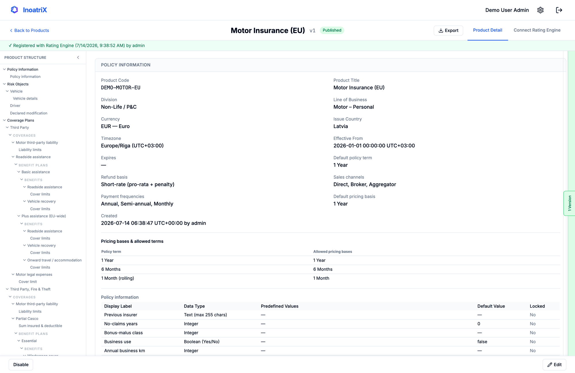 The working InoatriX Product Studio showing a configured motor insurance product